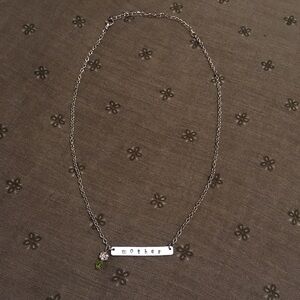 Vintage Silver Tone Green Bead Mother Charm Necklace